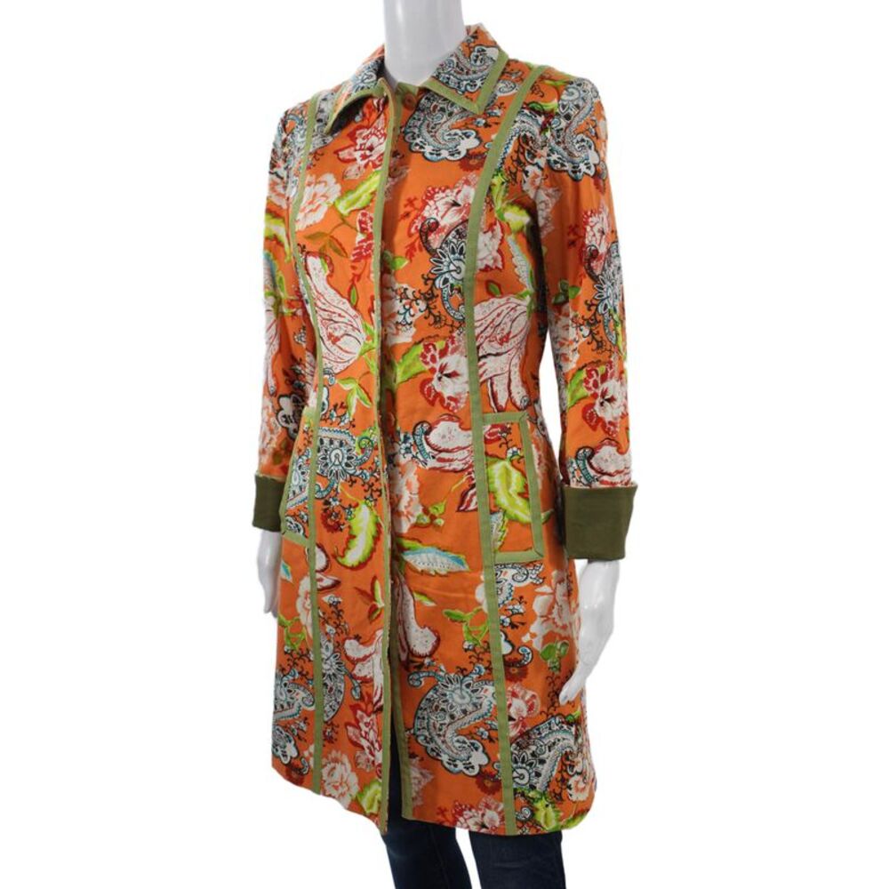 Etcetera Womens Orange Floral Cotton Overcoat Button Long Sleeve Size 2 - Picture 3 of 6